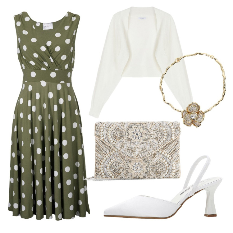 Outfit donna - Elegante con i pois. Stile Bon Ton per Cerimonia. Abbinamento con vestiti, pochette, décolleté, collane, blazer.