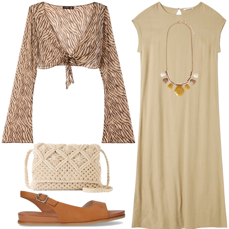 Outfit donna - Weekend al mare. Stile Casual per Tutti i giorni. Abbinamento con borse a tracolla, bolero, vestiti lunghi, collane, sandali.