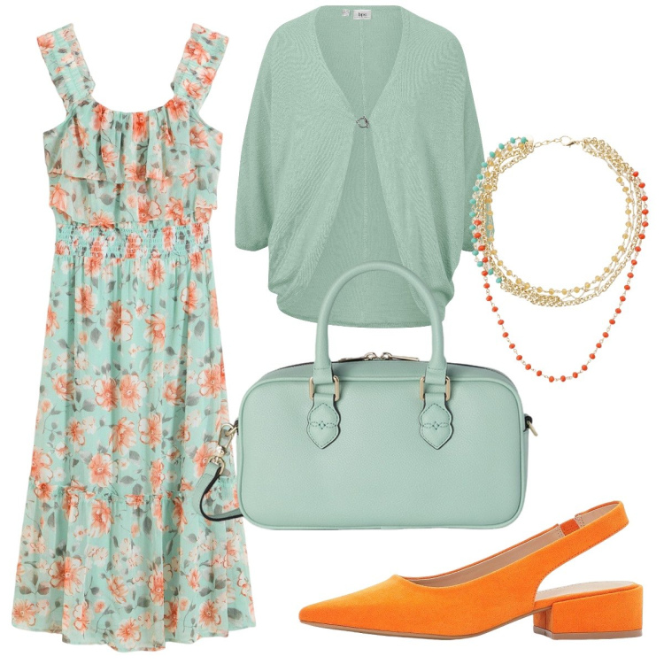 Outfit donna - Al matrimonio del collega. Stile Romantica per Cerimonia. Abbinamento con décolleté, cardigans, vestiti, collane, borse a mano.