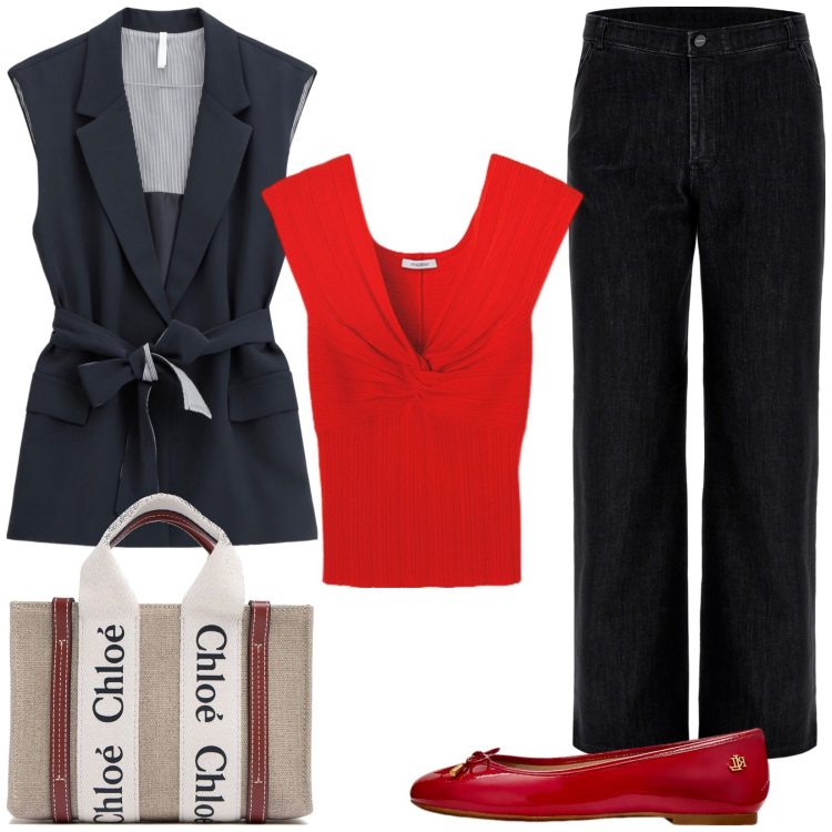 Outfit donna - Per tutti i giorni. Stile Casual chic per Tutti i giorni. Abbinamento con gilet, jeans, ballerine, borse a mano, t-shirt.