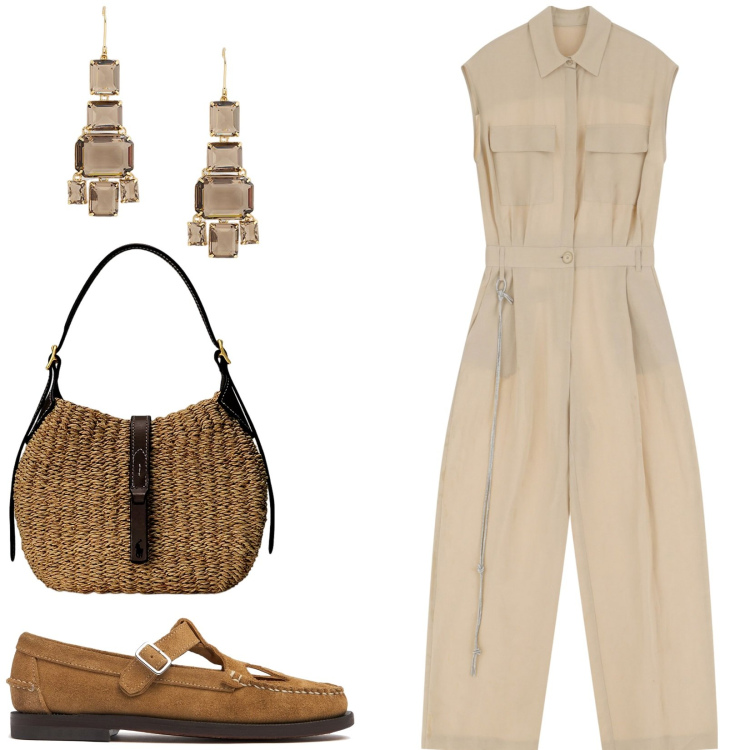 Outfit donna - Jumpsuit. Stile Glamour per Tutti i giorni. Abbinamento con tute, borse a spalla, orecchini, mocassini.