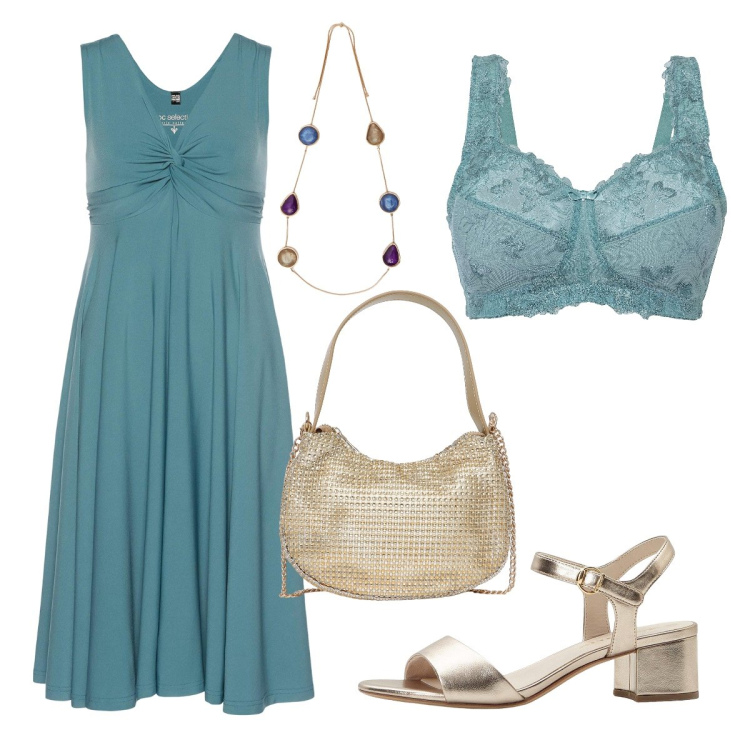 Outfit donna - Perfetta con poca spesa. Stile Bon Ton per Cerimonia. Abbinamento con vestiti, sandali col tacco, reggiseni, collane, borse a spalla.