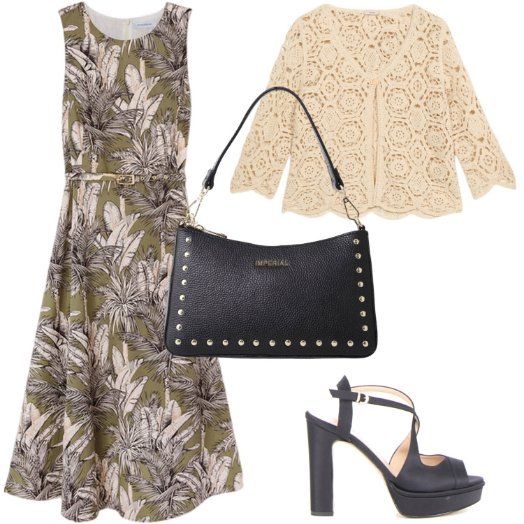 Outfit donna - Il cardigan traforato. Stile Romantica per Tutti i giorni. Abbinamento con borse a spalla, sandali col tacco, cardigans, vestiti senza maniche.