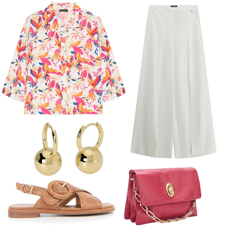 Outfit donna - Boscaini scarpe. Stile Bon Ton per Serata fuori. Abbinamento con orecchini, pantaloni a palazzo, camicie, sandali, borse a tracolla.