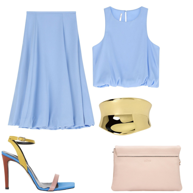 Outfit donna - Colori cielo. Stile Chic per Cerimonia. Abbinamento con anelli, gonne longuette, top, sandali col tacco, borse a tracolla.