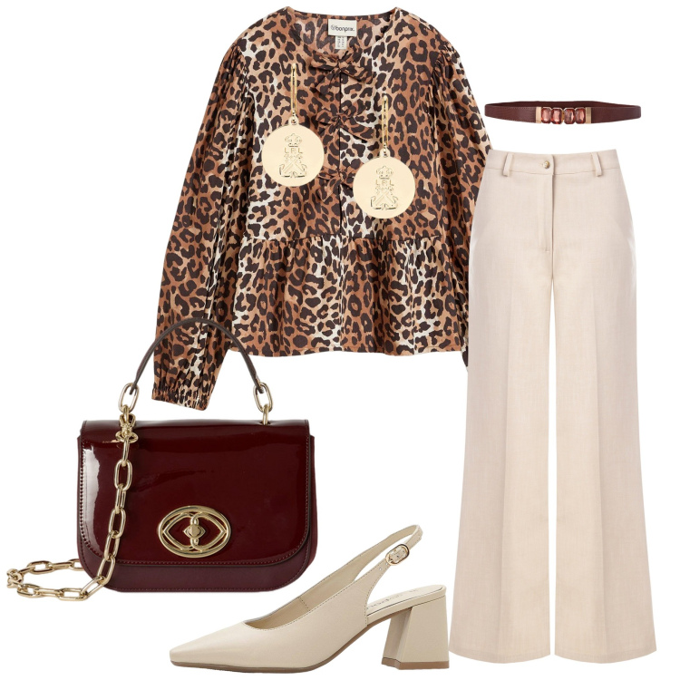 Outfit donna - Studenta. Stile Casual per Scuola/Università. Abbinamento con décolleté, bluse, pantaloni, orecchini, borse a tracolla, cinture.