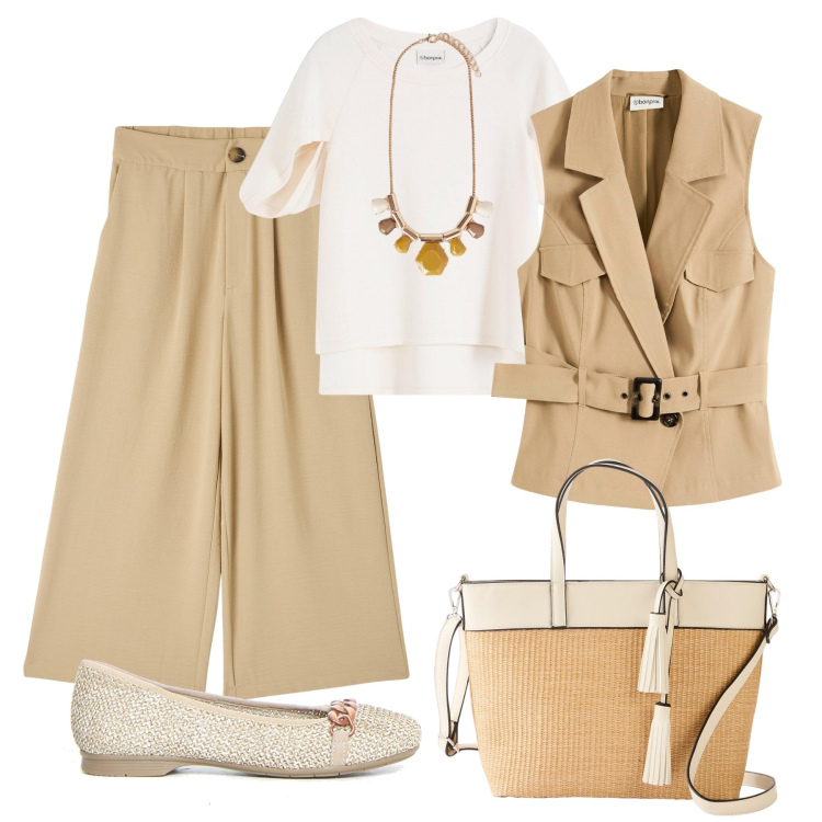 Outfit donna - Look primavera in ufficio. Stile Casual chic per Ufficio. Abbinamento con gilet, bluse, shopping bag, pantaloni a palazzo, ballerine, collane.