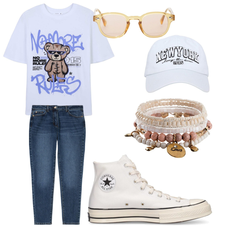 Outfit donna - Tjeans. Stile Casual Abbinamento con braccialetti, t-shirt, cappelli, occhiali da sole, sneakers, jeans slim fit.