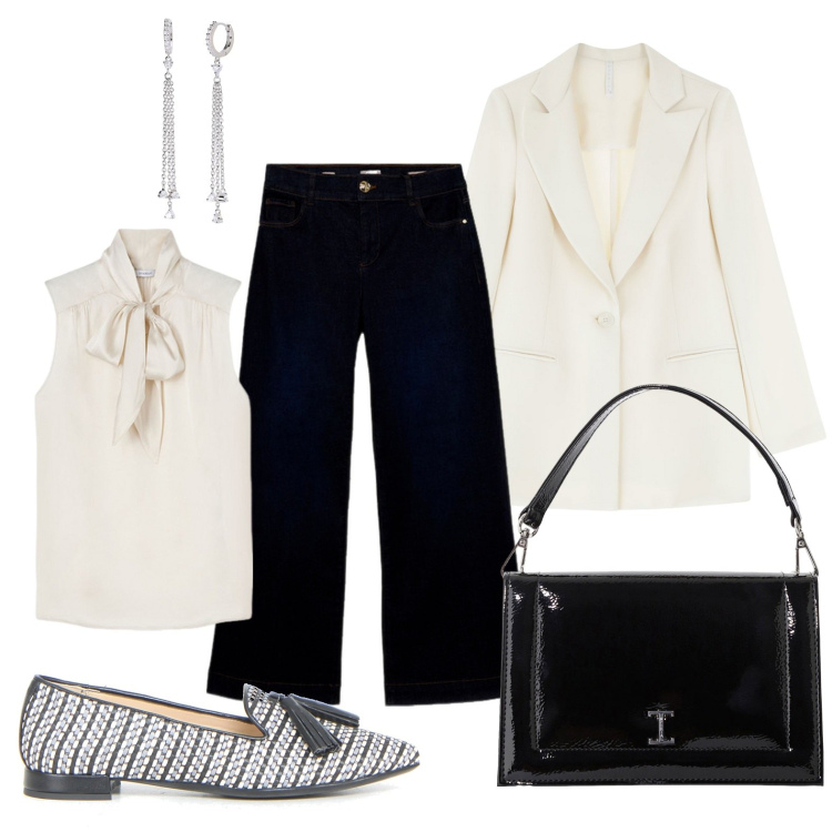 Outfit donna - Mocassini in bianco e nero. Stile Casual chic per Serata fuori. Abbinamento con orecchini, borse a tracolla, blazer, mocassini, jeans, top.
