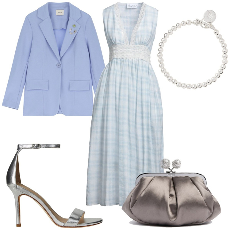 Outfit donna - Total look #2164638. Stile Romantica per Cerimonia. Abbinamento con vestiti midi/longuette, braccialetti, sandali in pelle, blazer, pochette.