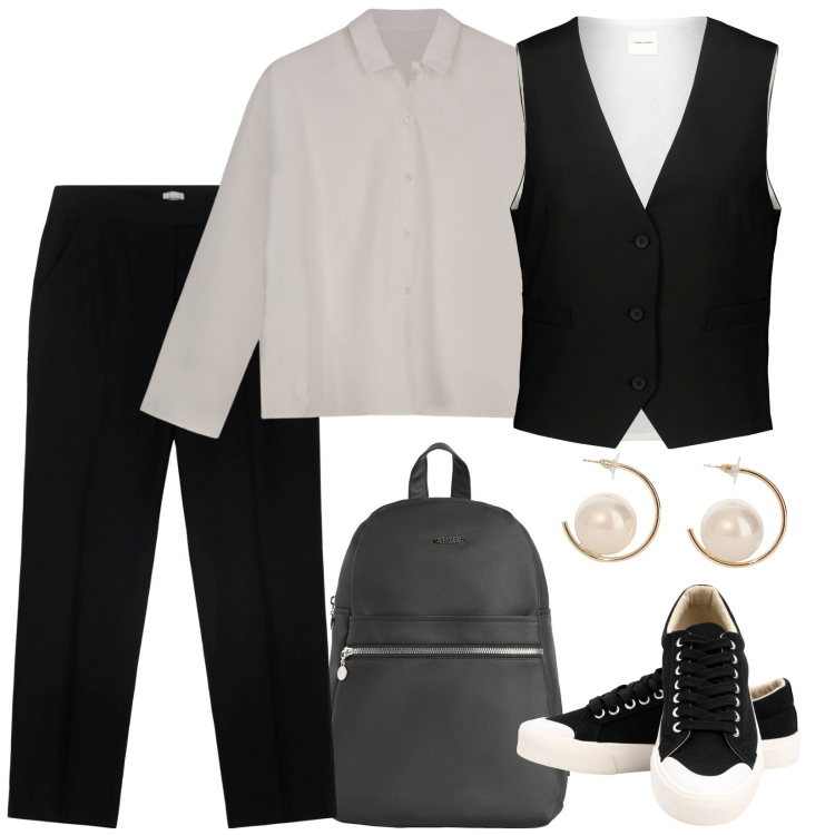 Outfit donna - Col gilet. Stile Mannish per Ufficio. Abbinamento con orecchini, zaini, sneakers, pantaloni, gilet, camicie.