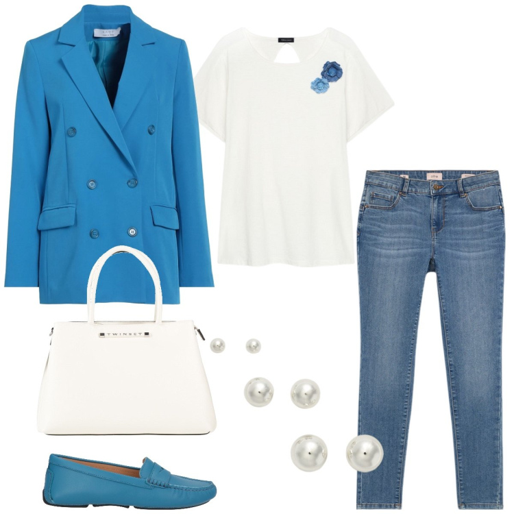 Outfit donna - Tempo libero. Stile Casual chic per Tutti i giorni. Abbinamento con blazer, mocassini, borse a mano, orecchini, t-shirt, jeans skinny.