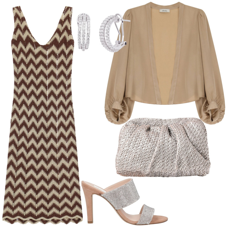 Outfit donna - Serata super. Stile Chic per Serata fuori. Abbinamento con sandali in pelle, gilet, orecchini, clutch, vestiti midi/longuette.