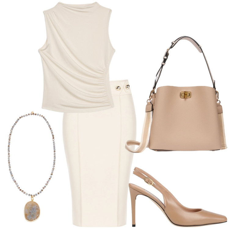 Outfit donna - Total look #2164655. Stile Chic per Ufficio. Abbinamento con décolleté, gonne longuette, top, borse a secchiello, ciondoli.