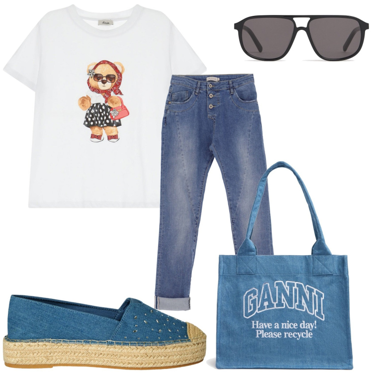 Outfit donna - Un jeans e una maglietta. Stile Casual per Tutti i giorni. Abbinamento con espadrillas, jeans slim fit, t-shirt, shopping bag, occhiali da sole.