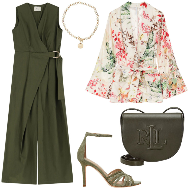 Outfit donna - Cerimonia in tuta. Stile Boho per Cerimonia. Abbinamento con blazer, tute, collane, sandali in pelle, borse a tracolla.