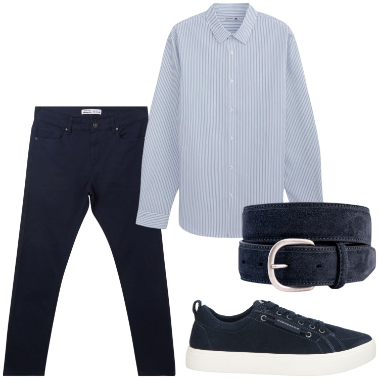Outfit uomo - Camicia a micro-righe. Stile Casual per Tutti i giorni. Abbinamento con sneakers, pantaloni skinny, camicie, cinture.