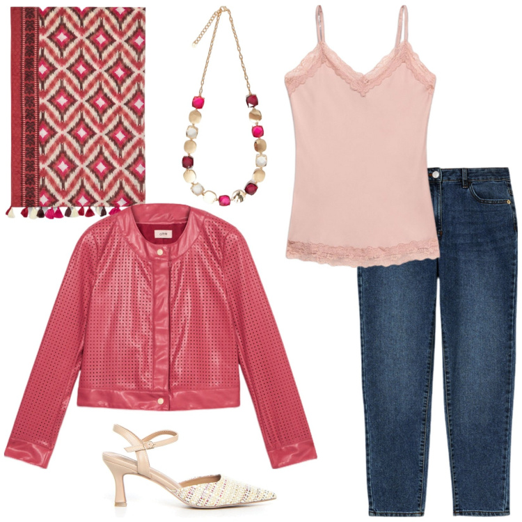 Outfit donna - New shop, new style. Stile Casual chic per Serata fuori. Abbinamento con sciarpe, collane, giacche, jeans slim fit, sandali col tacco, top.
