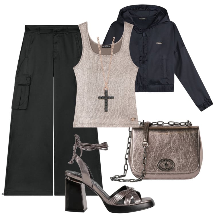Outfit donna - Freddy effetto seta di sera. Stile Sporty chic per Serata fuori. Abbinamento con sandali col tacco, collane, felpe con cappuccio, canottiere, pantaloni cargo, borse a tracolla.