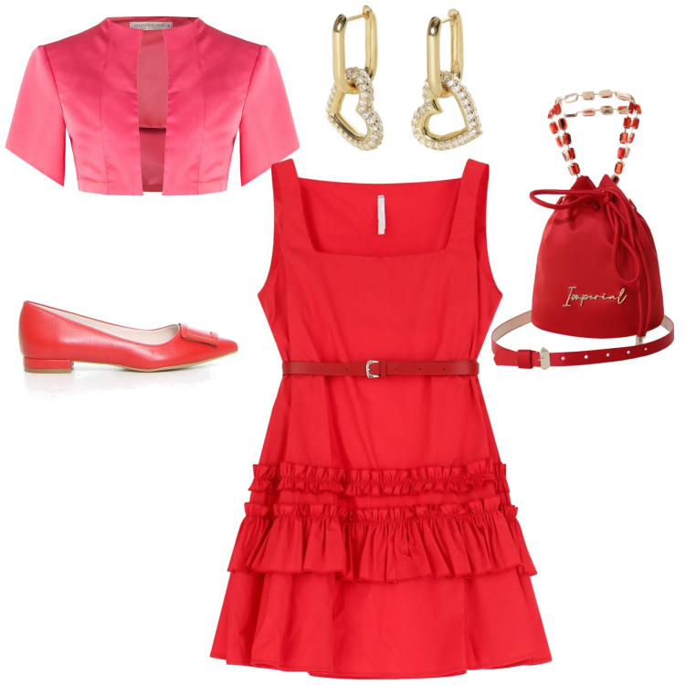 Outfit donna - Festa della mamma. Stile Romantica per Tutti i giorni. look ideale per Petite. Abbinamento con orecchini, bolero, borse a secchiello, vestiti corti, ballerine.
