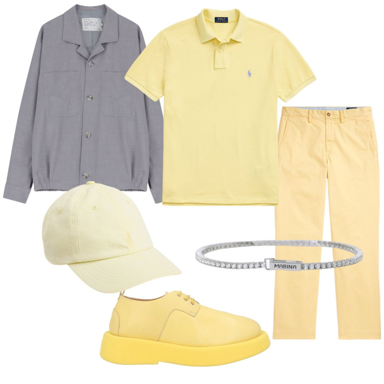 Outfit uomo - Maggio giallo. Stile Trendy per Tutti i giorni. Abbinamento con scarpe stringate, braccialetti, cappotti, cappelli, pantaloni, polo.