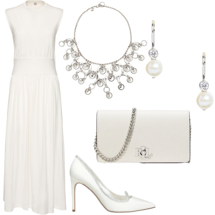 Outfit donna - Bianco. Stile Minimal per Cerimonia. Abbinamento con collane, décolleté, orecchini, borse a tracolla, vestiti lunghi.