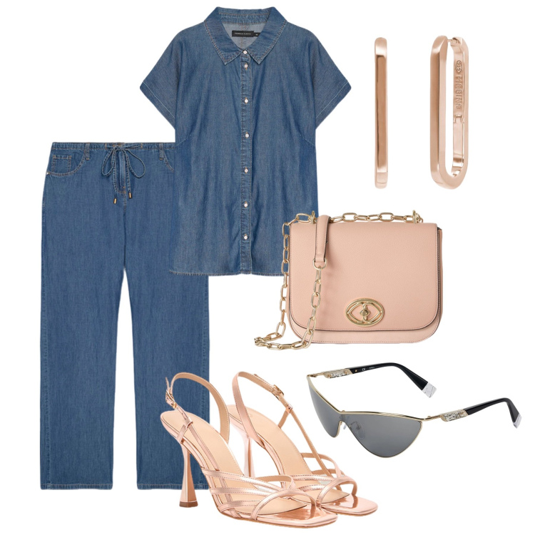 Outfit donna - Aperitivo in denim chambray. Stile Casual chic per Tutti i giorni. Abbinamento con occhiali da sole, orecchini, camicie a manica corta, jeans, borse a tracolla, sandali col tacco.