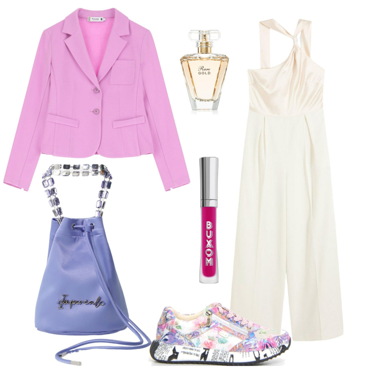 Outfit donna - In rosa e fantasy. Stile Casual per Tutti i giorni. Abbinamento con tute, profumi, gloss, blazer, borse a secchiello, sneakers.