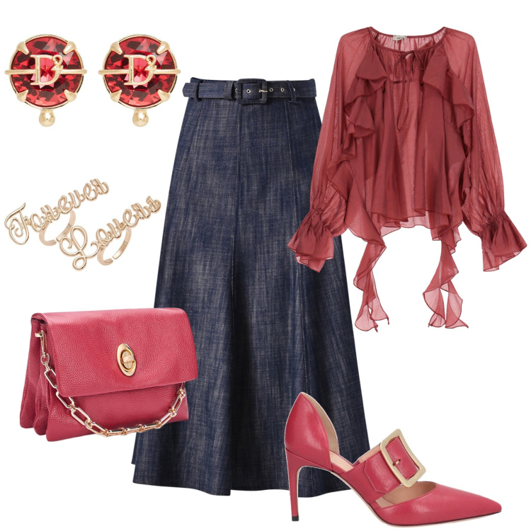 Outfit donna - Curvy chic in denim. Stile Casual chic per Serata fuori. Abbinamento con décolleté, anelli, orecchini, camicie, gonne longuette, borse a tracolla.