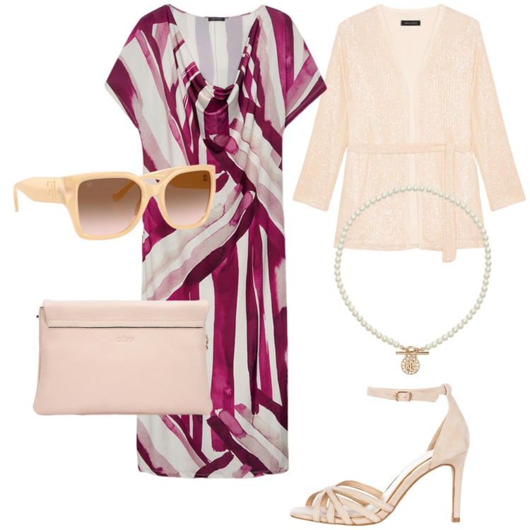 Outfit donna - Chic. Stile Chic per Cerimonia. Abbinamento con sandali col tacco, occhiali da sole, ciondoli, vestiti lunghi, blazer, borse a tracolla.
