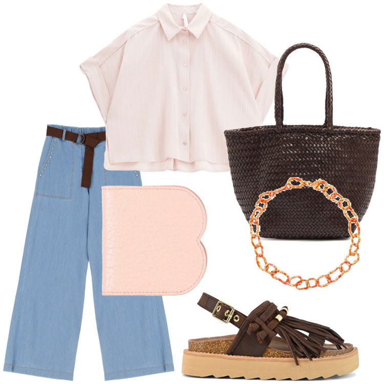 Outfit donna - Total look #2164715. Stile Trendy per Tutti i giorni. Abbinamento con portafogli, collane, camicie a manica corta, jeans, sandali, borse a secchiello.