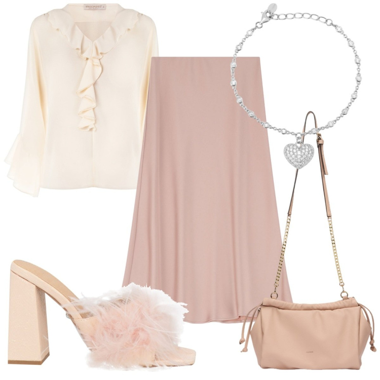 Outfit donna - La blusa con le ruches. Stile Romantica per Tutti i giorni. Abbinamento con sandali col tacco, gonne longuette, braccialetti, bluse, borse a tracolla.