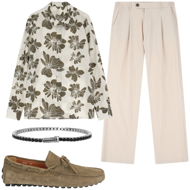 Outfit uomo - Aperitivo al tramonto. Stile Casual per Serata speciale. Abbinamento con scarpe stringate, braccialetti, pantaloni, camicie.