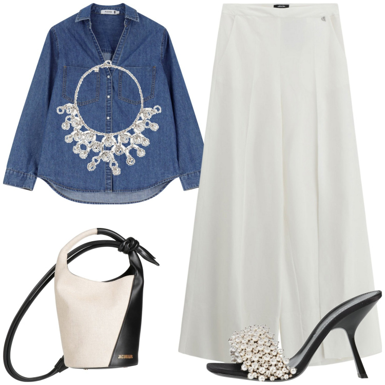 Outfit donna - Denim chic. Stile Casual chic per Serata fuori. Abbinamento con sandali gioiello, collane, borse a secchiello, camicie, pantaloni a palazzo.