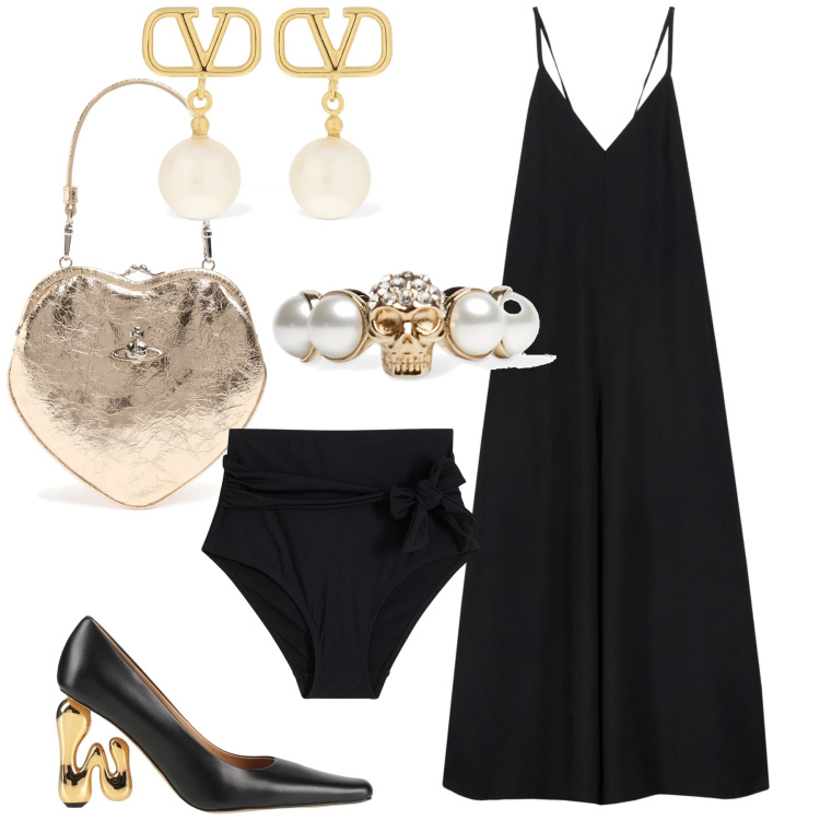 Outfit donna - Chic ed un poco rock. Stile Glamour per Serata fuori. Abbinamento con culotte, décolleté, orecchini, pochette, tute, anelli.