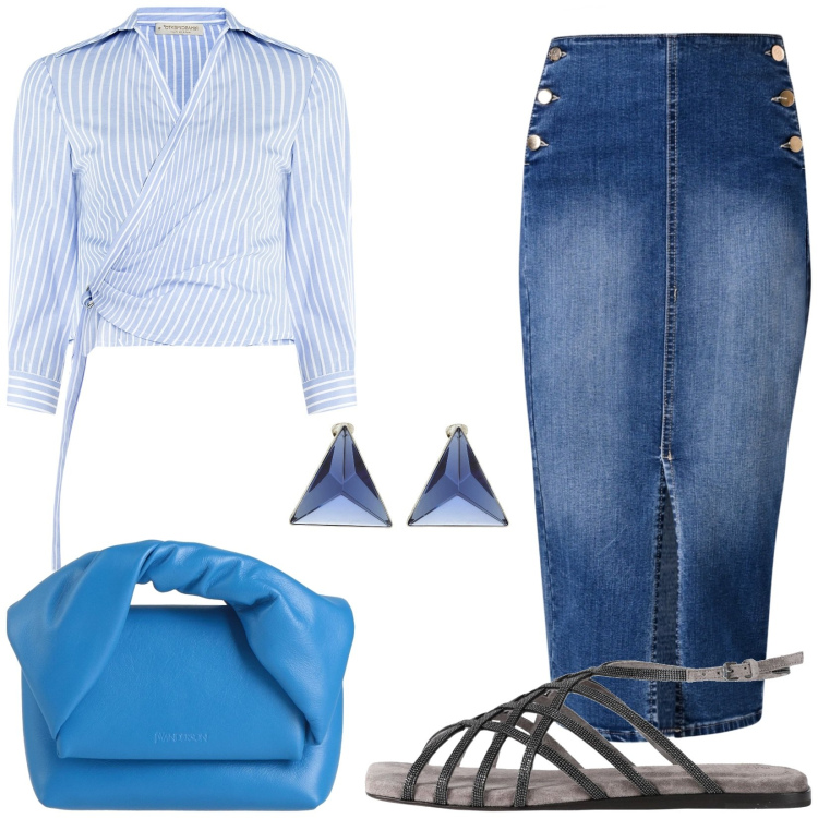 Outfit donna - Longuette di jeans. Stile Casual chic per Tutti i giorni. Abbinamento con borse a mano, orecchini, sandali gioiello, camicie, gonne longuette.