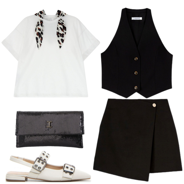 Outfit donna - Il completo sbarazzino. Stile Casual chic per Tutti i giorni. Abbinamento con borse a tracolla, t-shirt, décolleté, minigonne, gilet.