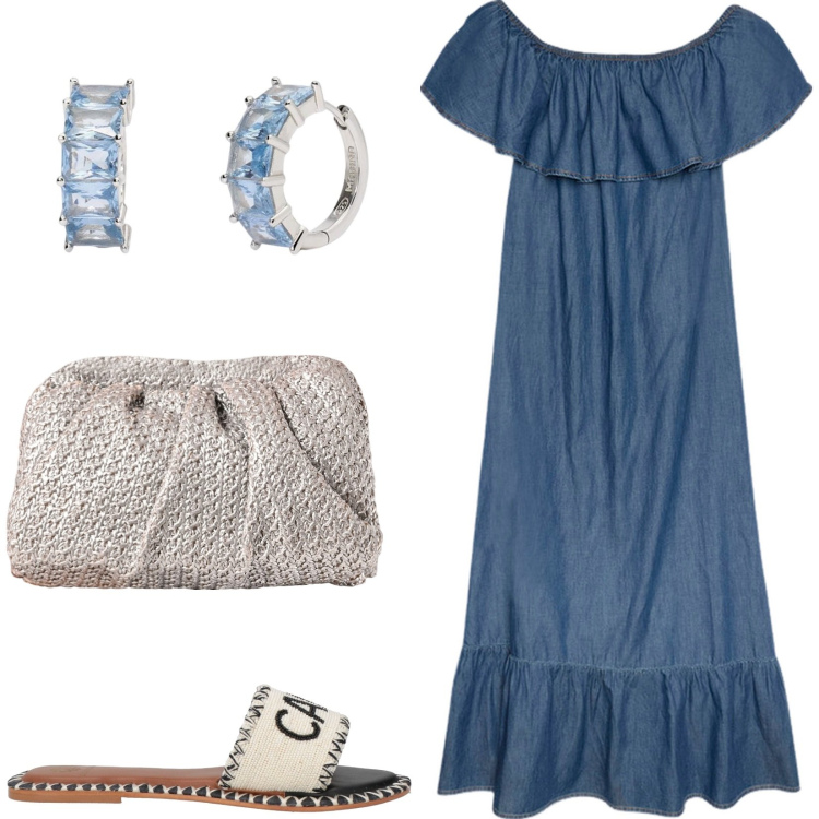 Outfit donna - Abito in denim. Stile Casual chic per Tutti i giorni. Abbinamento con sandali gioiello, orecchini, clutch, vestiti lunghi.