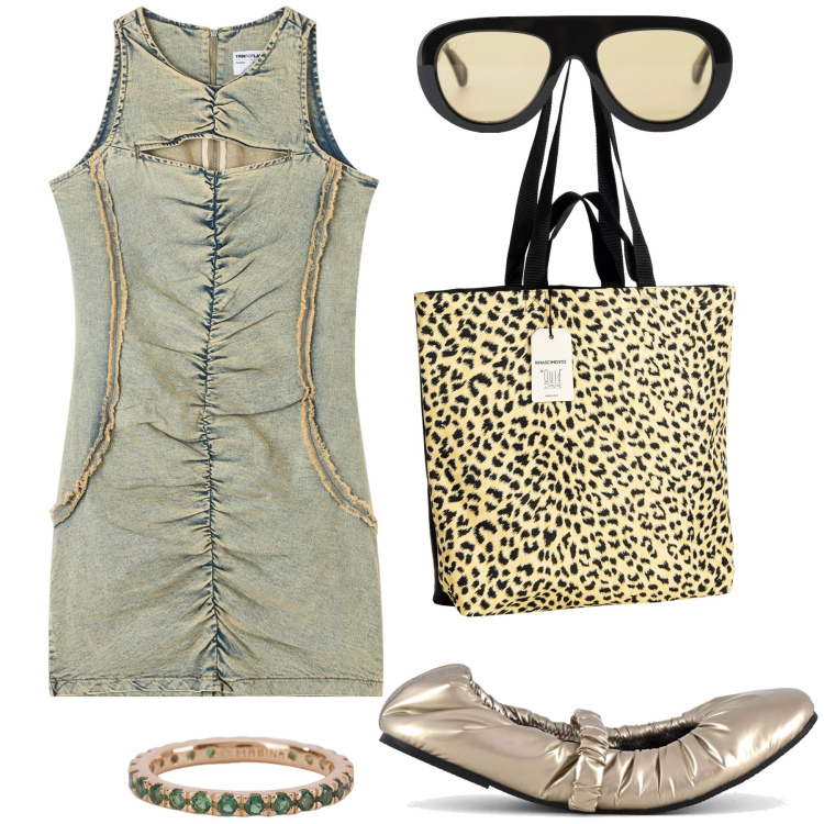 Outfit donna - Un tubino in ufficio. Stile Trendy per Ufficio. Abbinamento con vestiti senza maniche, anelli, borse tote, occhiali da sole, ballerine.