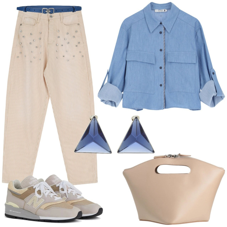 Outfit donna - Camicia con tasche. Stile Casual chic per Tutti i giorni. Abbinamento con borse a mano, orecchini, cinture, sneakers, pantaloni, camicie.