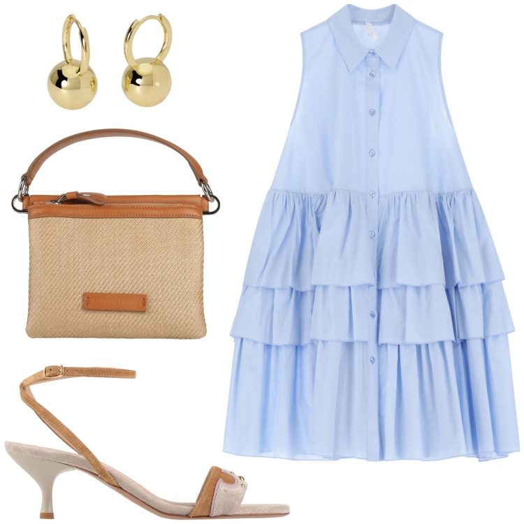 Outfit donna - Abito mini con Rouches. Stile Casual chic per Tutti i giorni. Abbinamento con sandali in pelle, borse a mano, orecchini, vestiti corti.