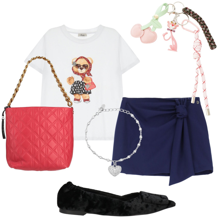 Outfit donna - Stile girl. Stile Preppy per Tutti i giorni. Abbinamento con borse a mano, ballerine, braccialetti, minigonne, portachiavi, t-shirt.
