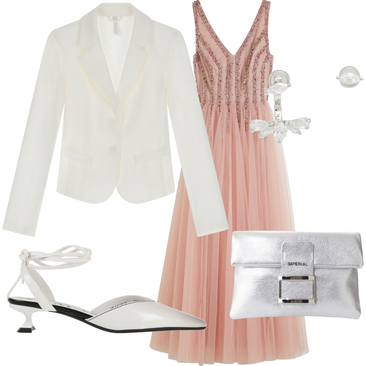 Outfit donna - Oggi a nozze. Stile Bon Ton per Cerimonia. Abbinamento con vestiti lunghi, décolleté, orecchini, blazer, pochette.