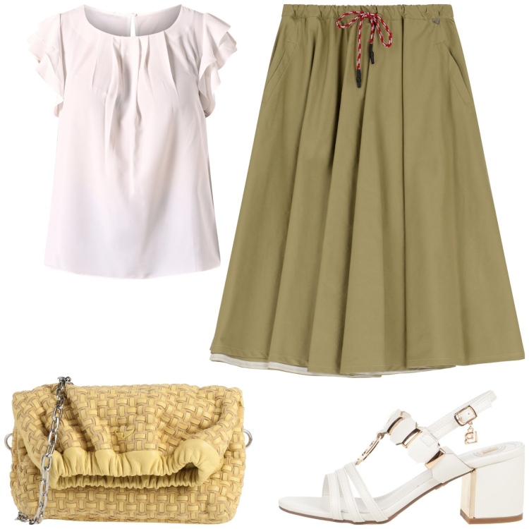 Outfit donna - Maniche con Rouches. Stile Casual chic per Tutti i giorni. Abbinamento con sandali col tacco, borse a tracolla, bluse, gonne longuette.