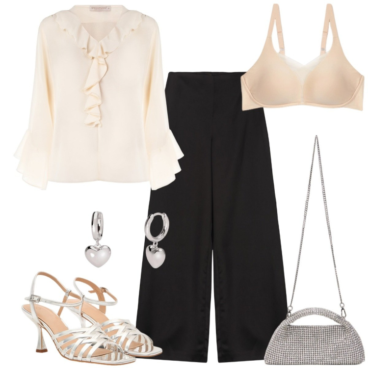 Outfit donna - Rouches romantiche - focus curvy. Stile Chic per Cerimonia. Abbinamento con orecchini, bluse, reggiseni, sandali col tacco, pantaloni a palazzo, clutch.