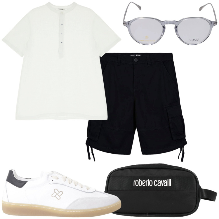 Outfit uomo - Bermuda per la giornata. Stile Casual per Tutti i giorni. Abbinamento con borse sportive, bermuda, sneakers, t-shirt, occhiali da sole.