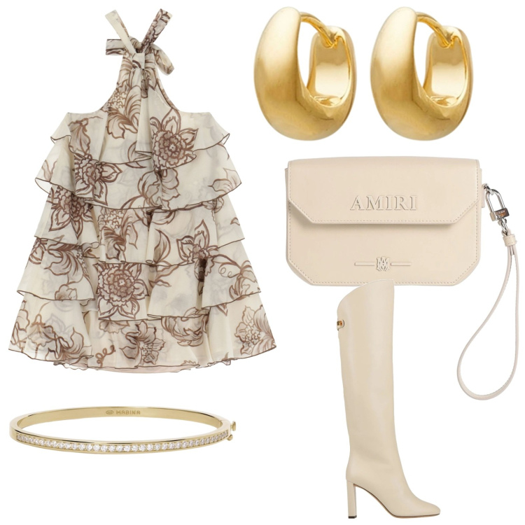 Outfit donna - Le rouschrs. Stile Chic per Cerimonia. Abbinamento con orecchini, borse a mano, stivali, braccialetti, vestiti corti.