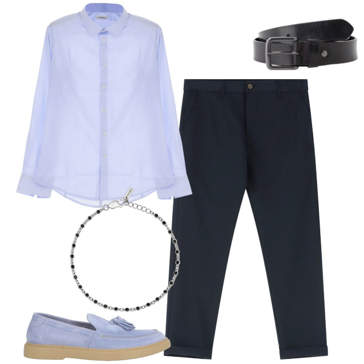 Outfit uomo - Look da terrazza serale. Stile Trendy per Serata speciale. Abbinamento con scarpe stringate, braccialetti, pantaloni chino, cinture, camicie.