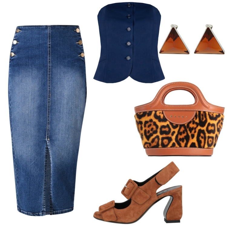Outfit donna - Il jeans ti fa bella. Stile Sexy per Serata fuori. Abbinamento con borse a mano, sandali in pelle, orecchini, gonne longuette, top.