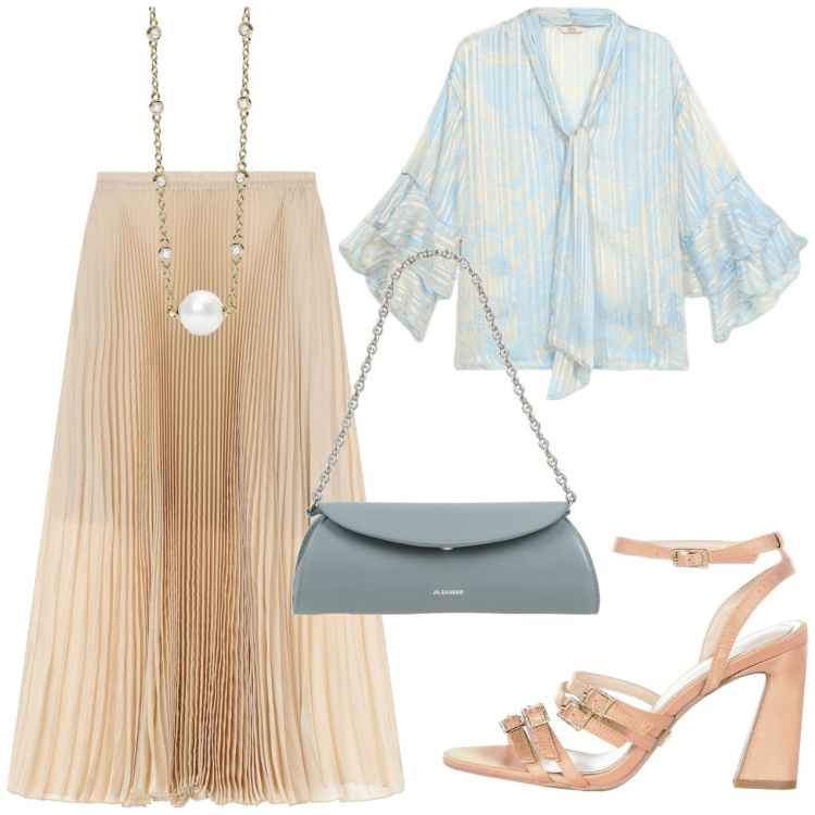 Outfit donna - Blusa in georgette. Stile Casual chic per Cerimonia. Abbinamento con borse a mano, gonne lunghe, collane, sandali col tacco, bluse.